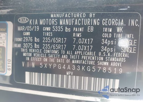 2019 Kia Sorento 2.4L L z USA, uszkodzony, nr VIN 5XYPG4A33KG578519